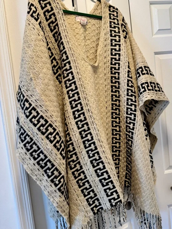 Free People Cream/Beige and Black Loose Fit Knit Fringe Poncho - Picture 6 of 6